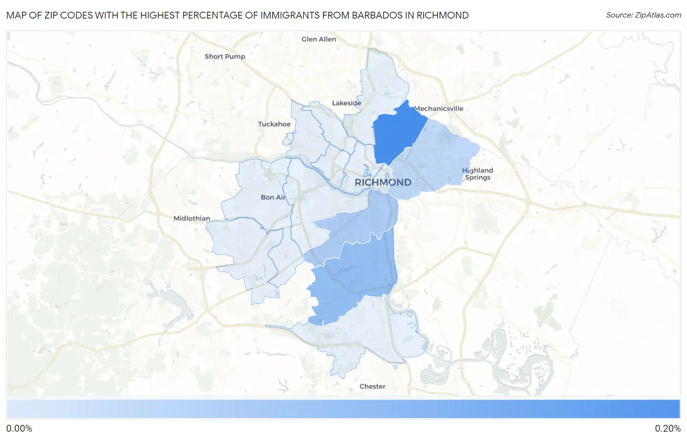 Zip Codes with the Highest Percentage of Immigrants from Barbados in Richmond Map