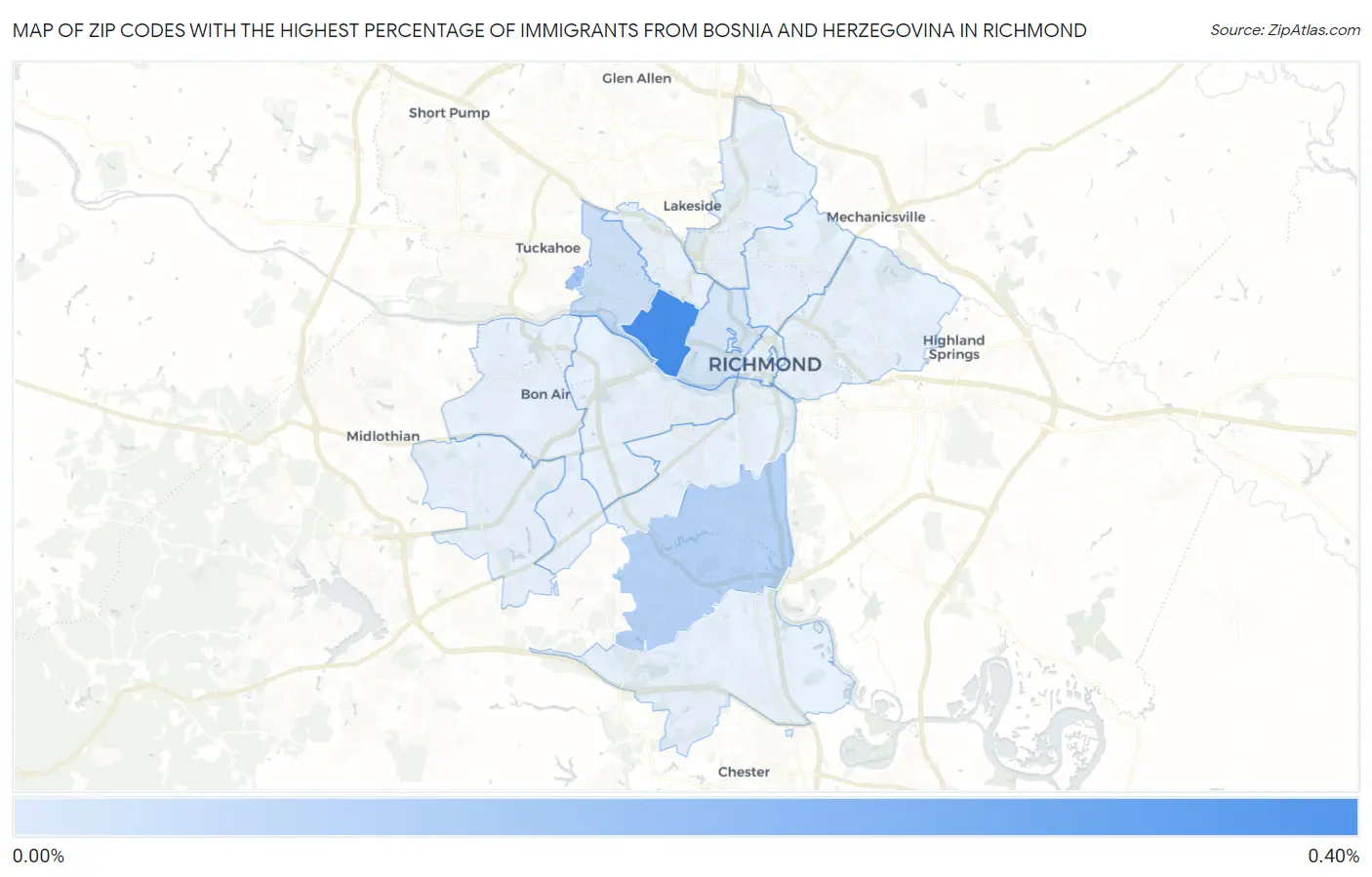 Zip Codes with the Highest Percentage of Immigrants from Bosnia and Herzegovina in Richmond Map