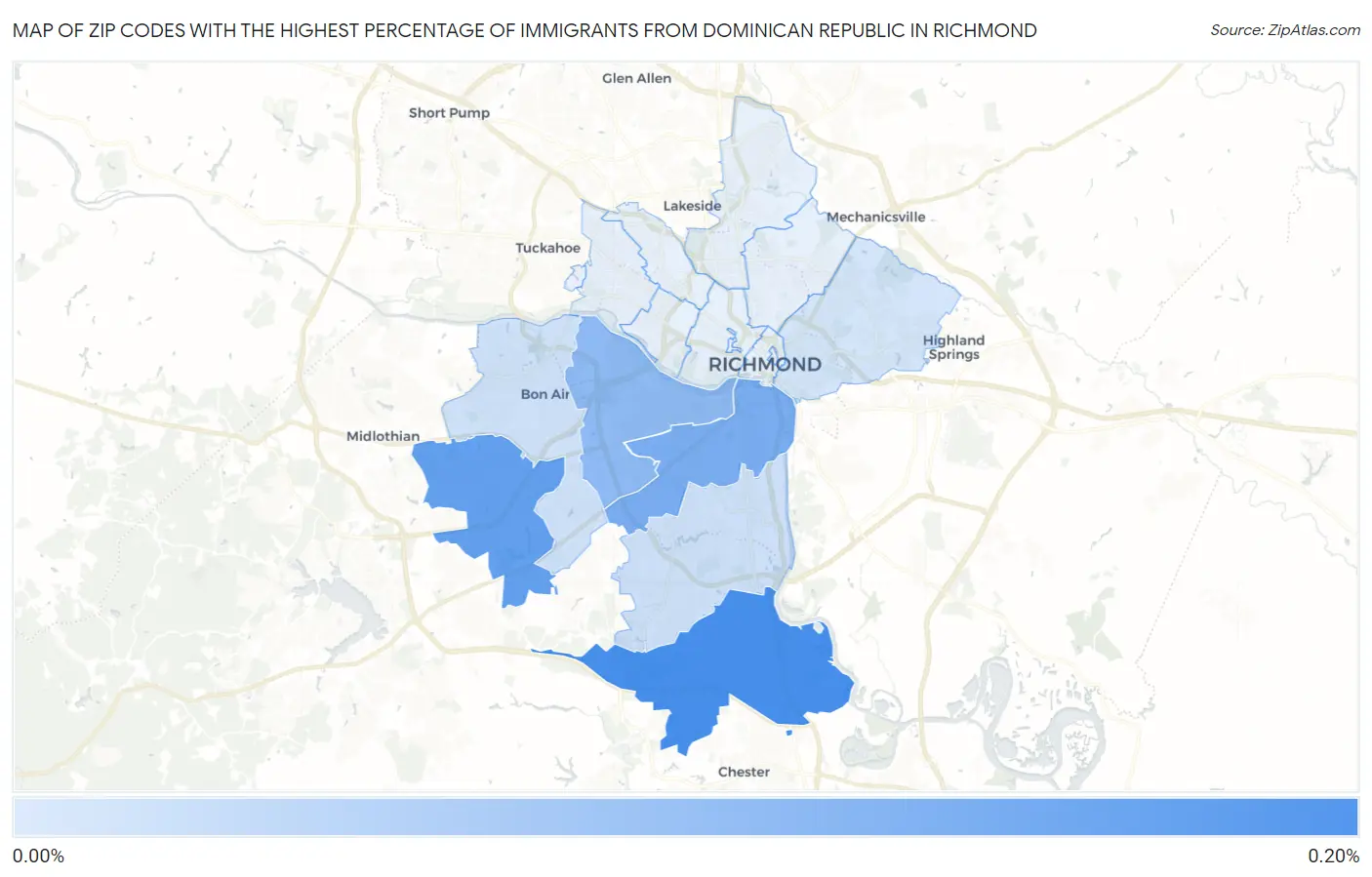 Zip Codes with the Highest Percentage of Immigrants from Dominican Republic in Richmond Map