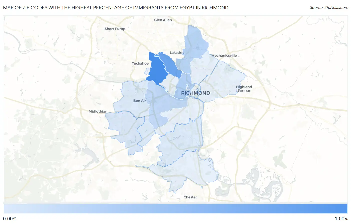 Zip Codes with the Highest Percentage of Immigrants from Egypt in Richmond Map
