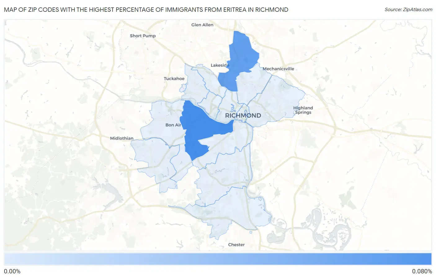 Zip Codes with the Highest Percentage of Immigrants from Eritrea in Richmond Map