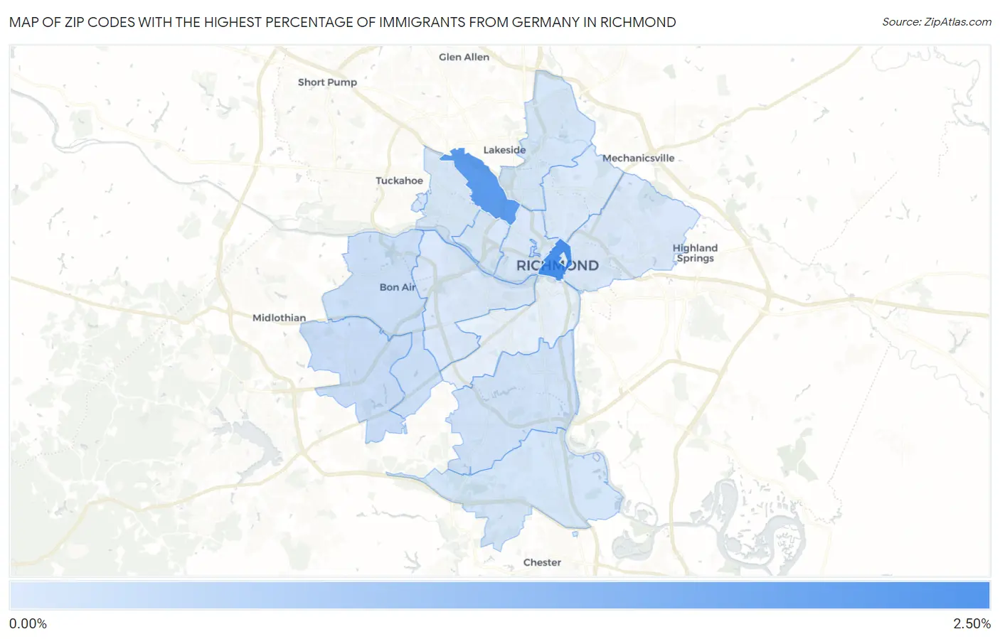 Zip Codes with the Highest Percentage of Immigrants from Germany in Richmond Map