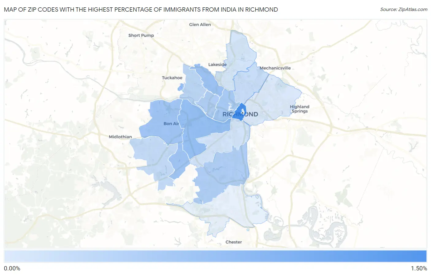 Zip Codes with the Highest Percentage of Immigrants from India in Richmond Map