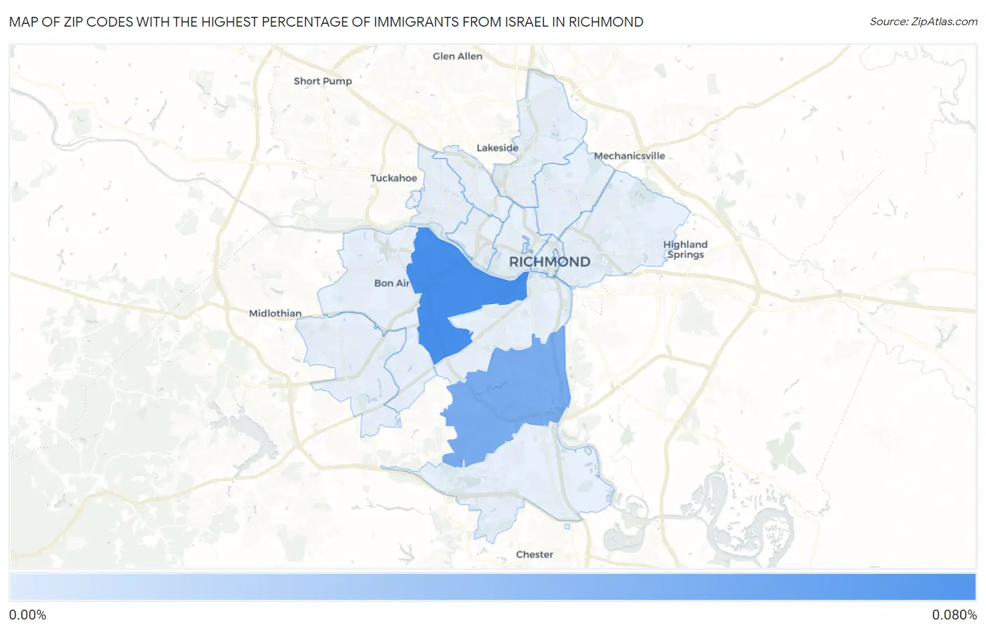 Zip Codes with the Highest Percentage of Immigrants from Israel in Richmond Map