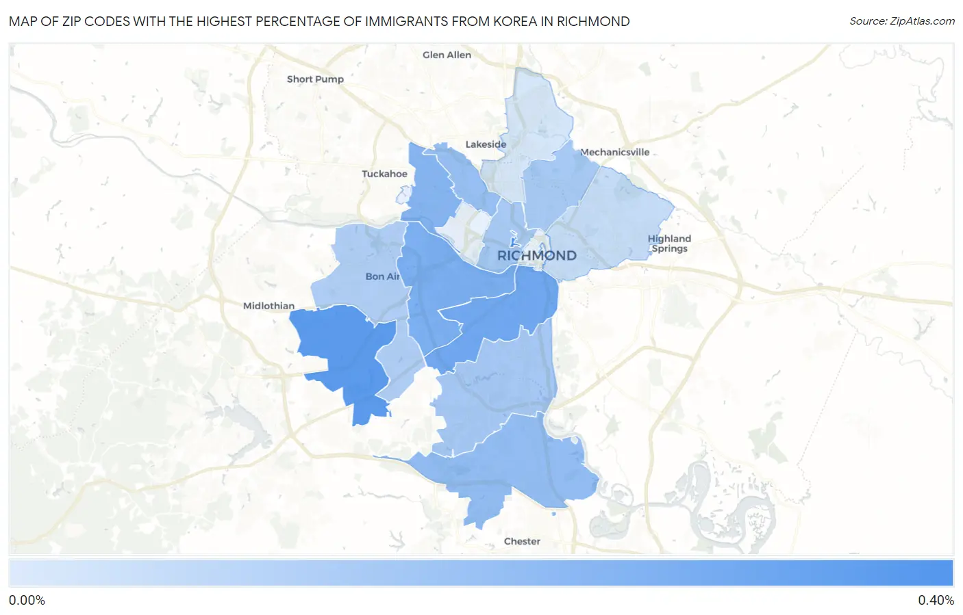 Zip Codes with the Highest Percentage of Immigrants from Korea in Richmond Map