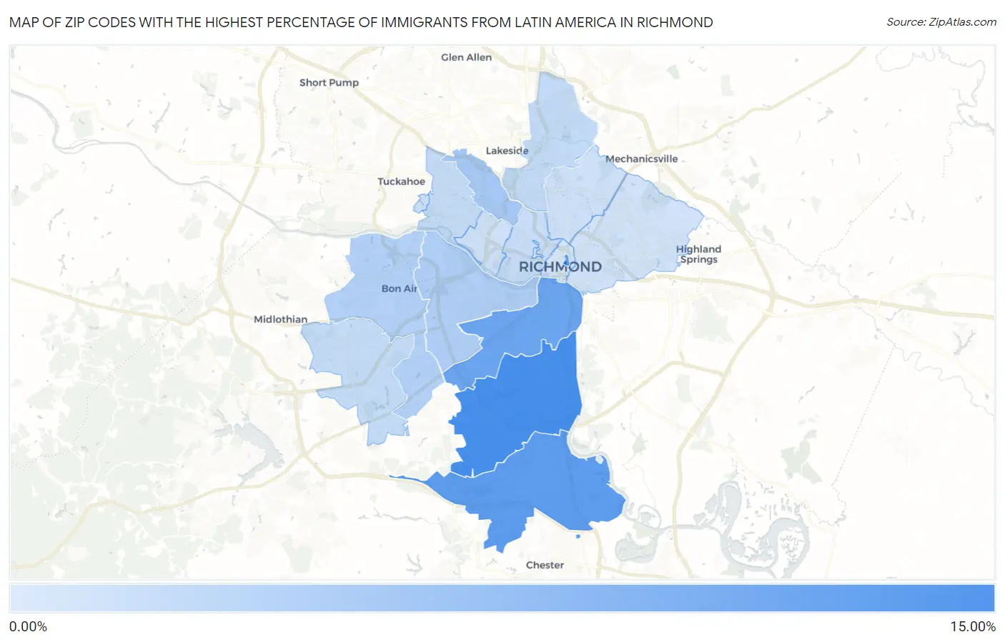 Zip Codes with the Highest Percentage of Immigrants from Latin America in Richmond Map