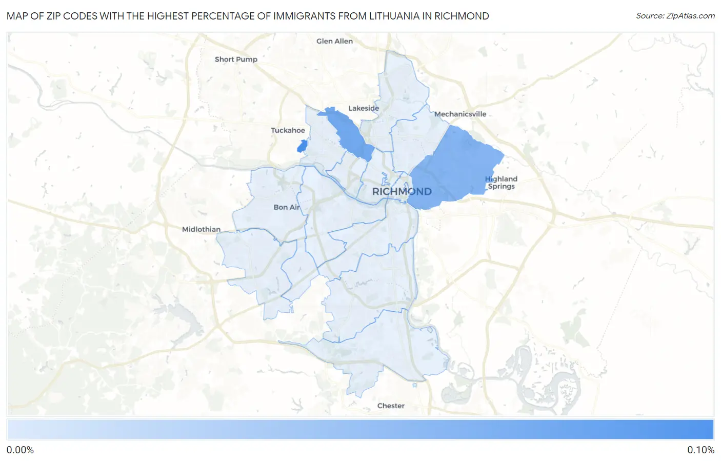 Zip Codes with the Highest Percentage of Immigrants from Lithuania in Richmond Map