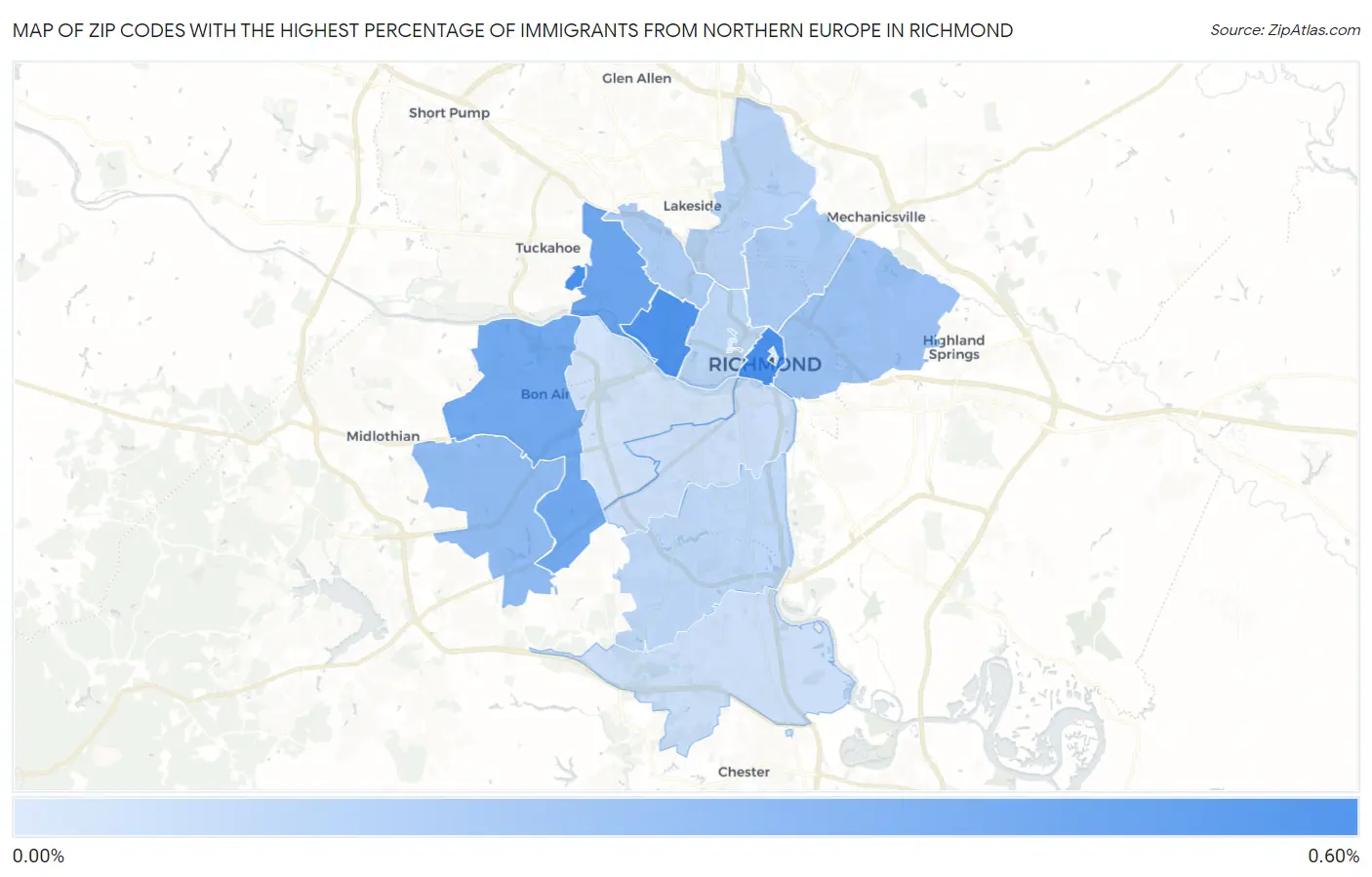 Zip Codes with the Highest Percentage of Immigrants from Northern Europe in Richmond Map