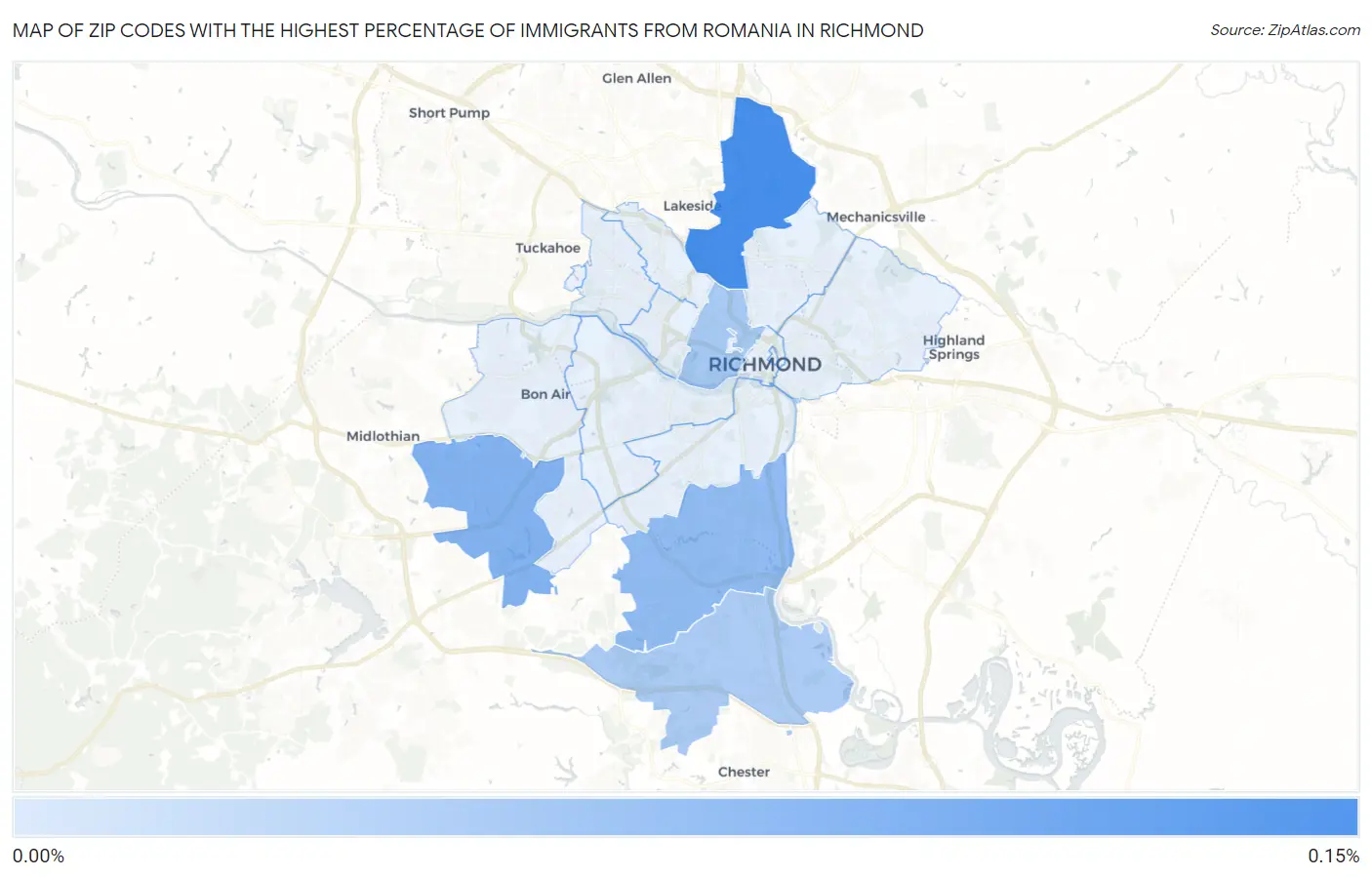 Zip Codes with the Highest Percentage of Immigrants from Romania in Richmond Map