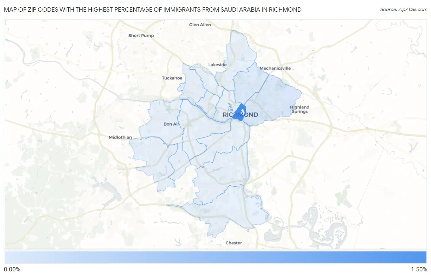 Zip Codes with the Highest Percentage of Immigrants from Saudi Arabia in Richmond Map