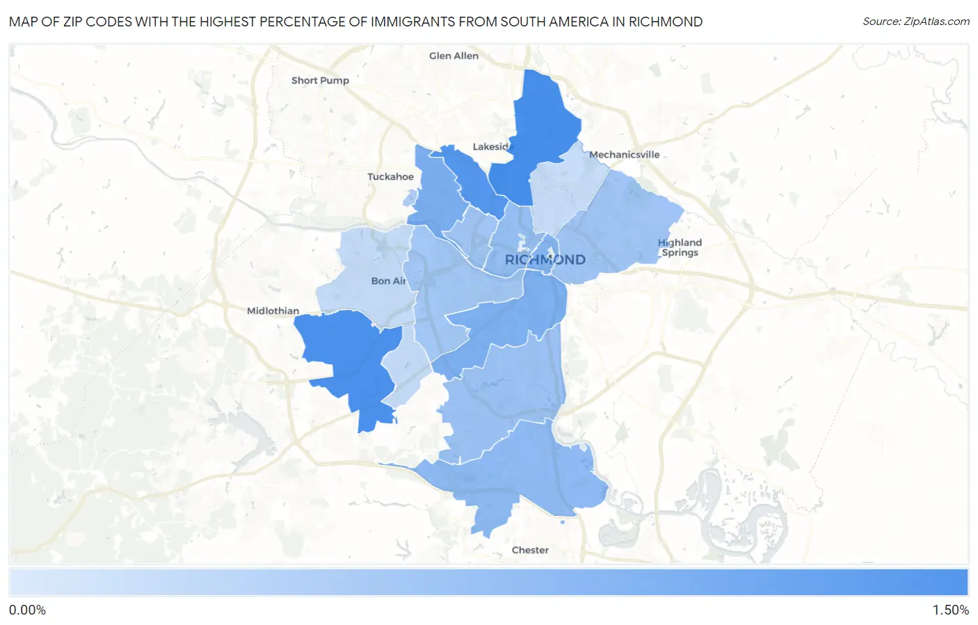 Zip Codes with the Highest Percentage of Immigrants from South America in Richmond Map