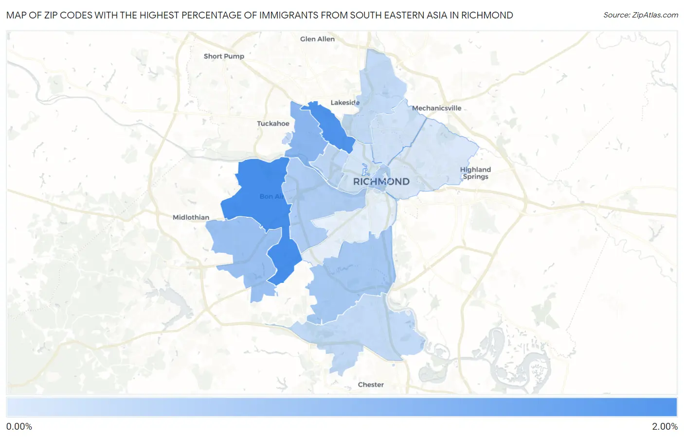 Zip Codes with the Highest Percentage of Immigrants from South Eastern Asia in Richmond Map