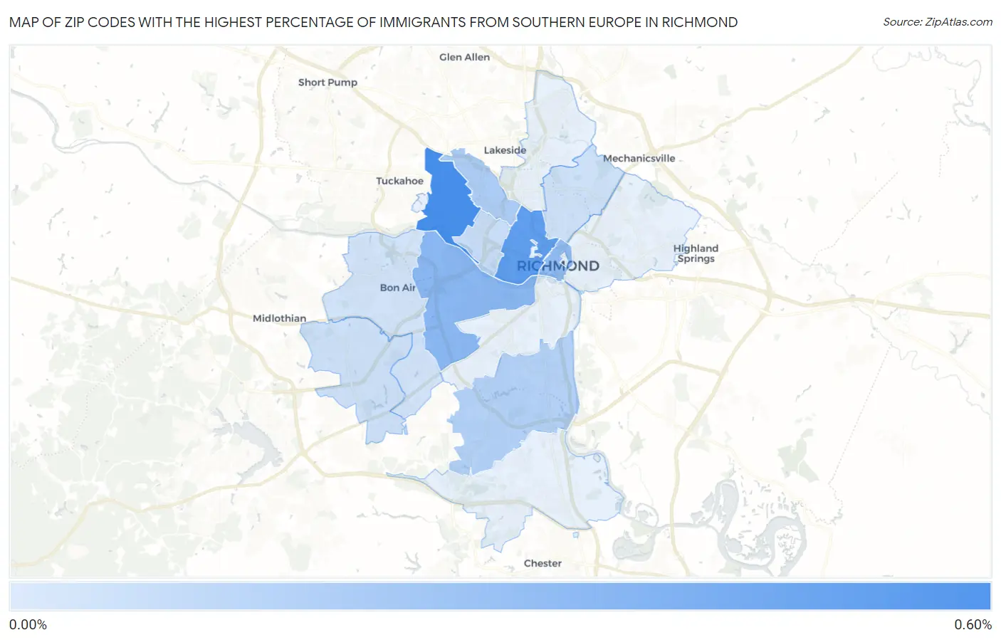 Zip Codes with the Highest Percentage of Immigrants from Southern Europe in Richmond Map