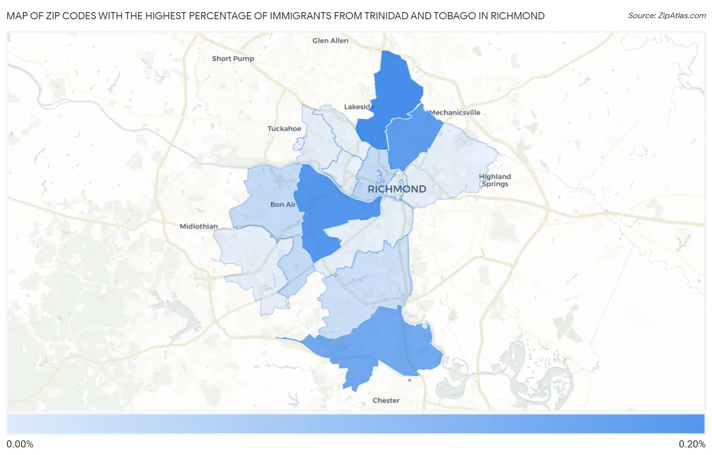 Zip Codes with the Highest Percentage of Immigrants from Trinidad and Tobago in Richmond Map