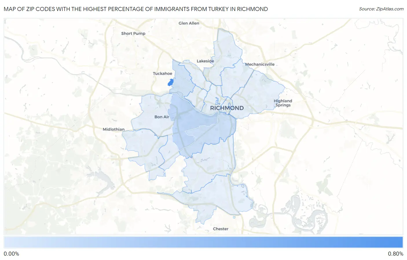 Zip Codes with the Highest Percentage of Immigrants from Turkey in Richmond Map
