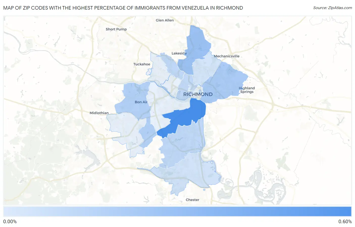 Zip Codes with the Highest Percentage of Immigrants from Venezuela in Richmond Map
