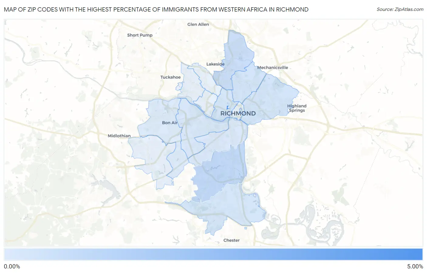 Zip Codes with the Highest Percentage of Immigrants from Western Africa in Richmond Map