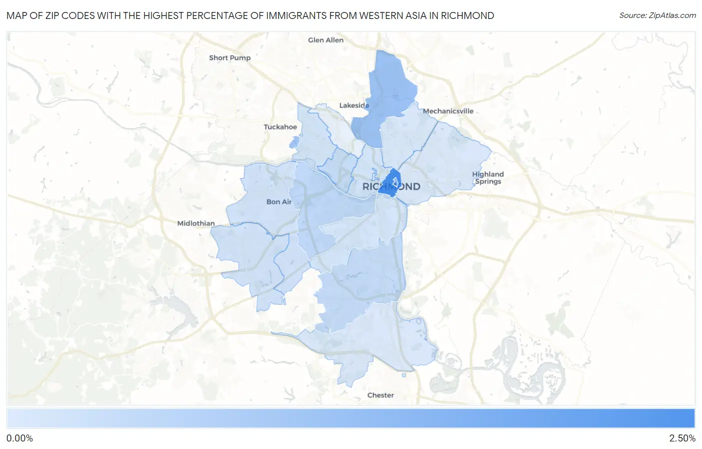 Zip Codes with the Highest Percentage of Immigrants from Western Asia in Richmond Map