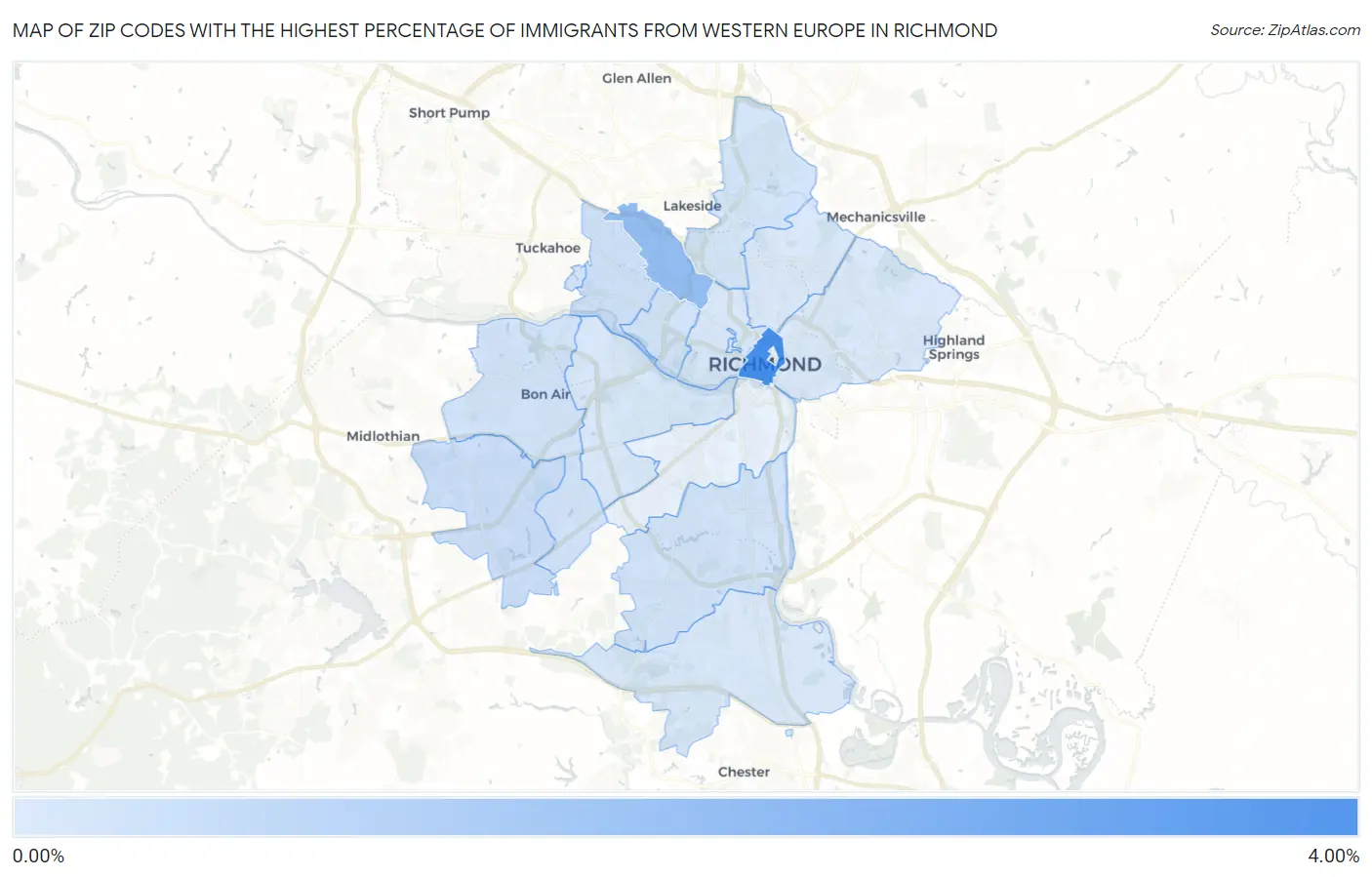Zip Codes with the Highest Percentage of Immigrants from Western Europe in Richmond Map