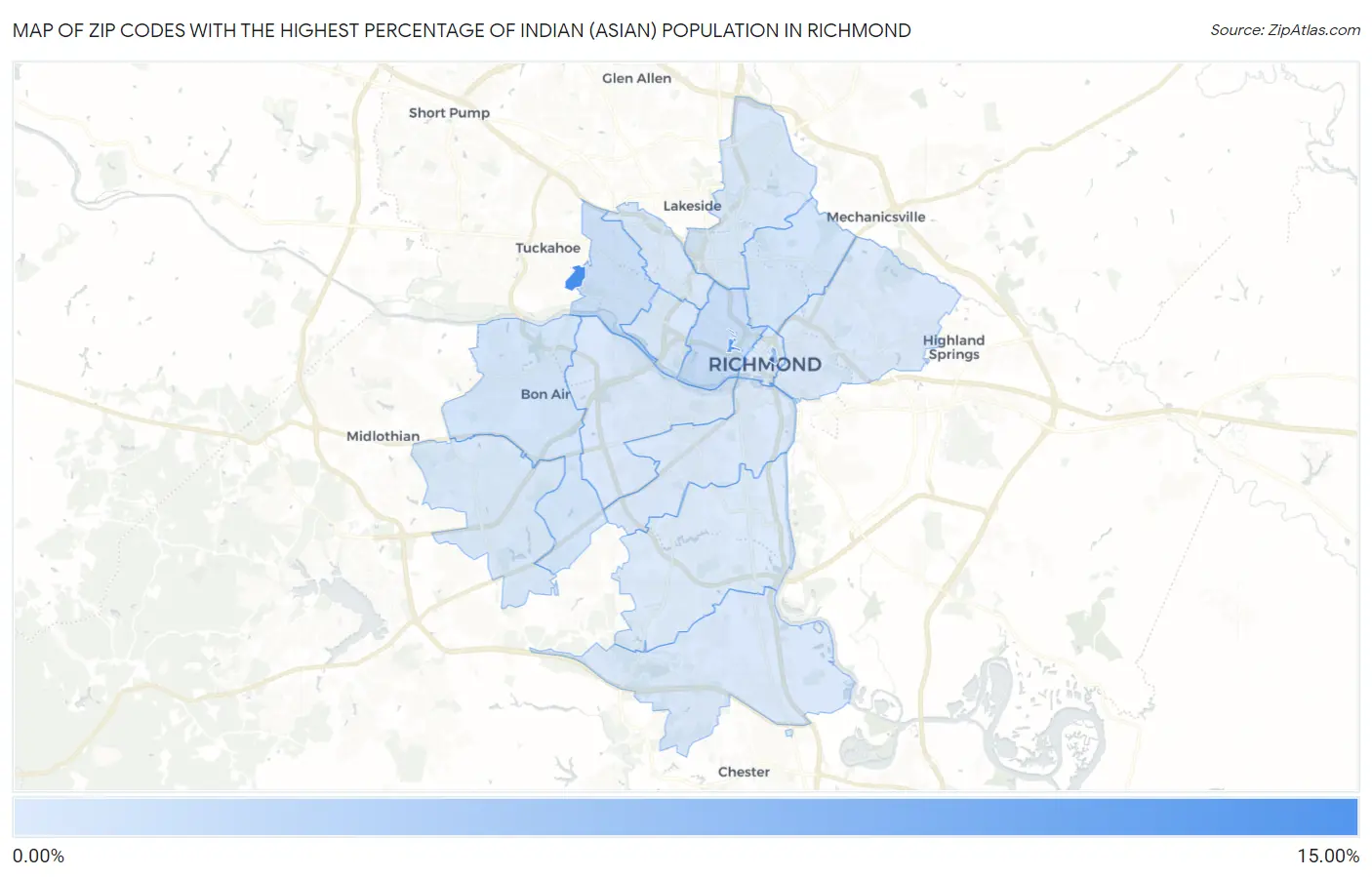 Zip Codes with the Highest Percentage of Indian (Asian) Population in Richmond Map