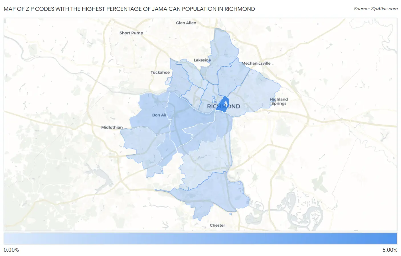 Zip Codes with the Highest Percentage of Jamaican Population in Richmond Map