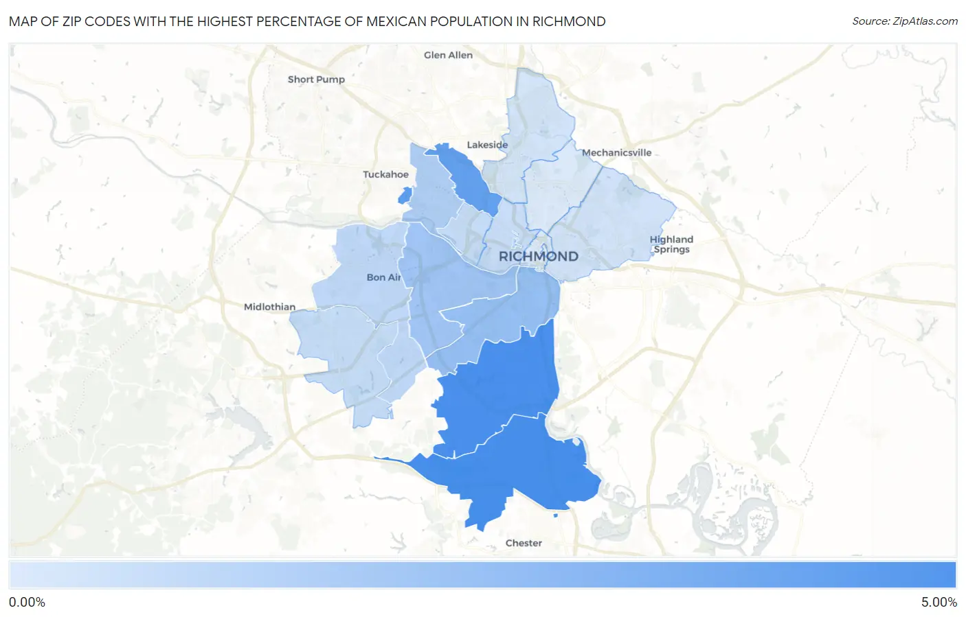Zip Codes with the Highest Percentage of Mexican Population in Richmond Map