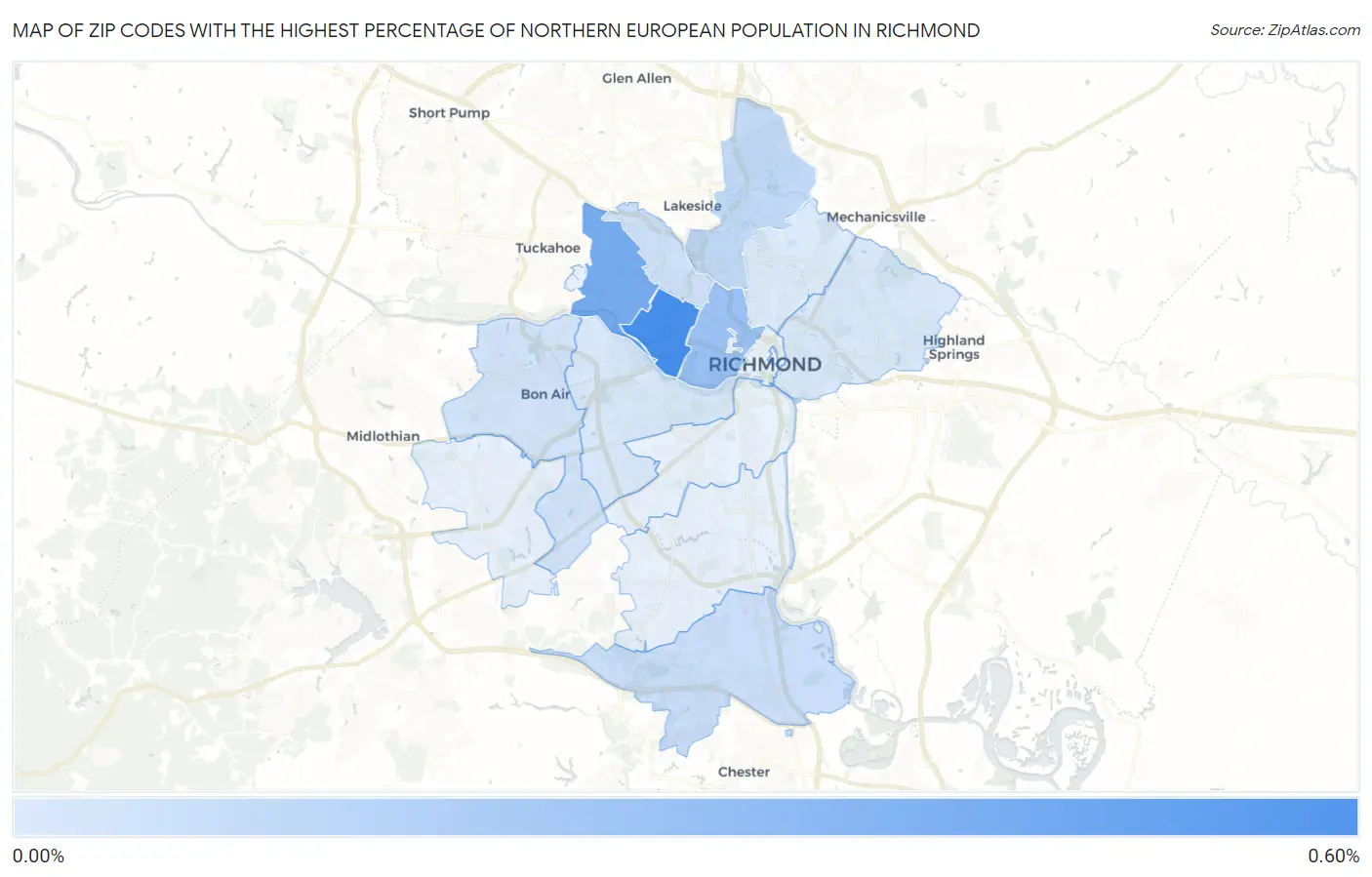 Zip Codes with the Highest Percentage of Northern European Population in Richmond Map