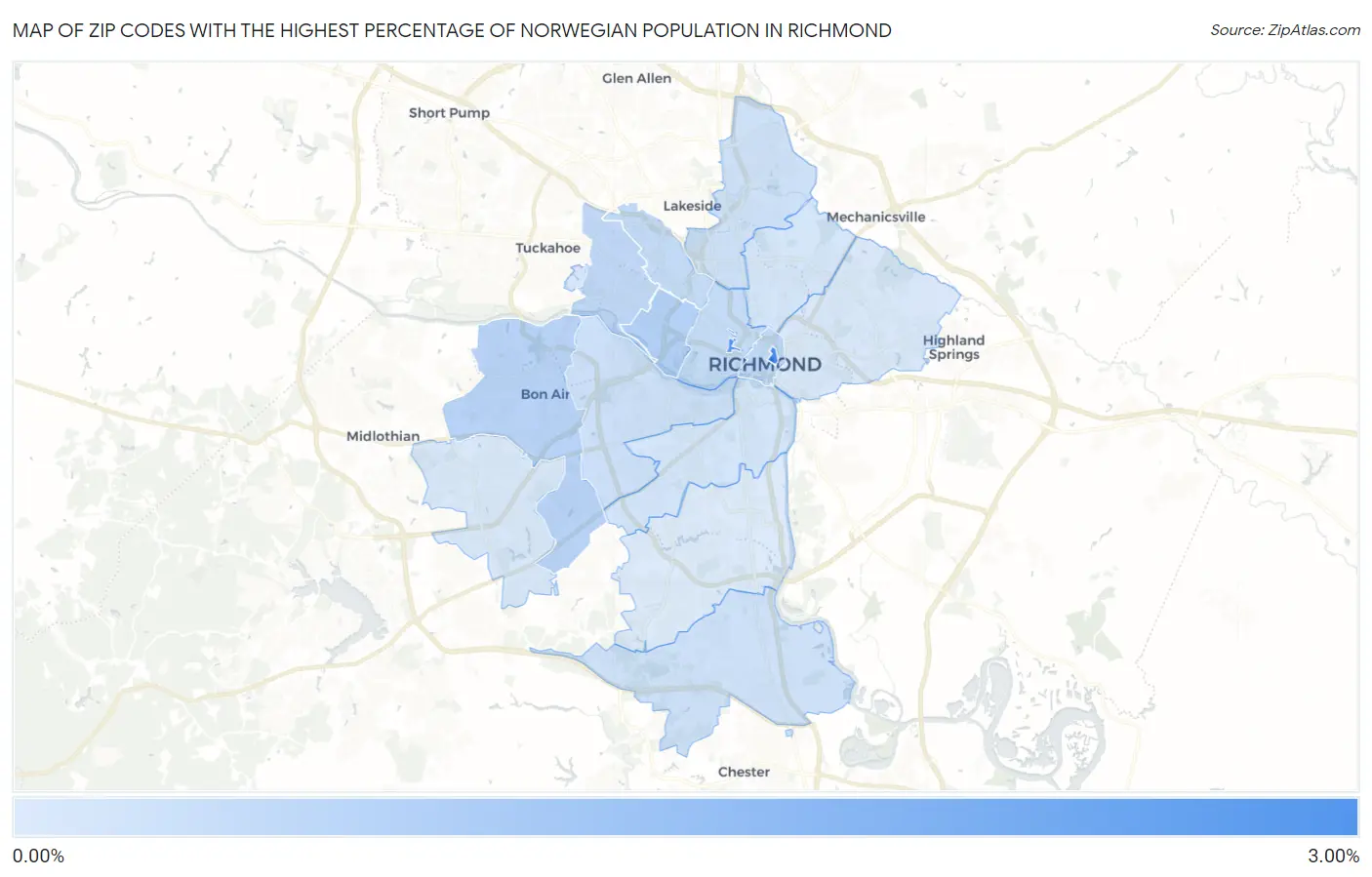 Zip Codes with the Highest Percentage of Norwegian Population in Richmond Map