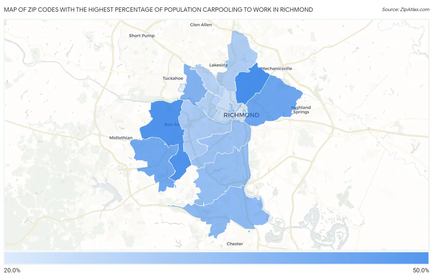 Zip Codes with the Highest Percentage of Population Carpooling to Work in Richmond Map