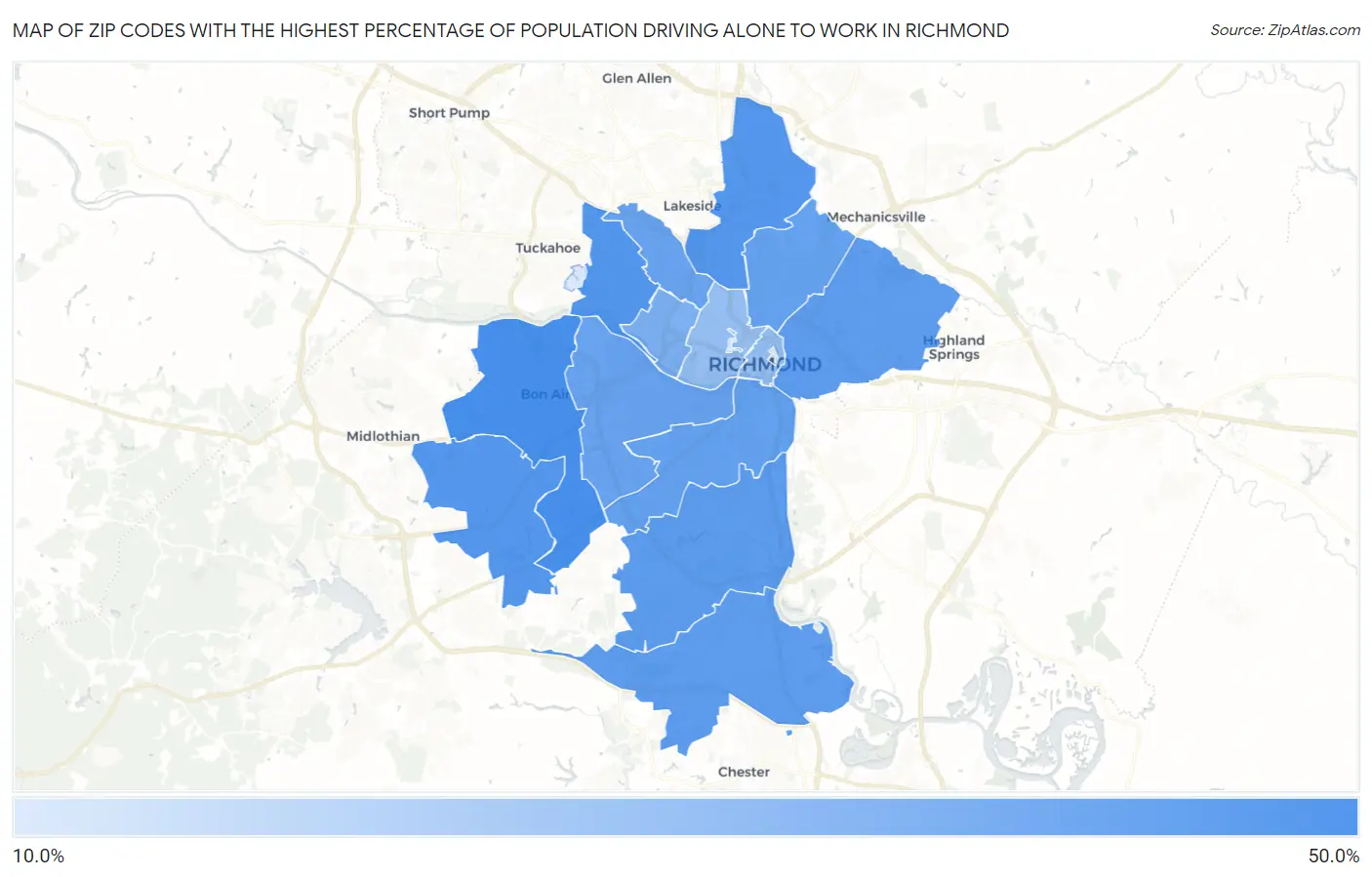 Zip Codes with the Highest Percentage of Population Driving Alone to Work in Richmond Map