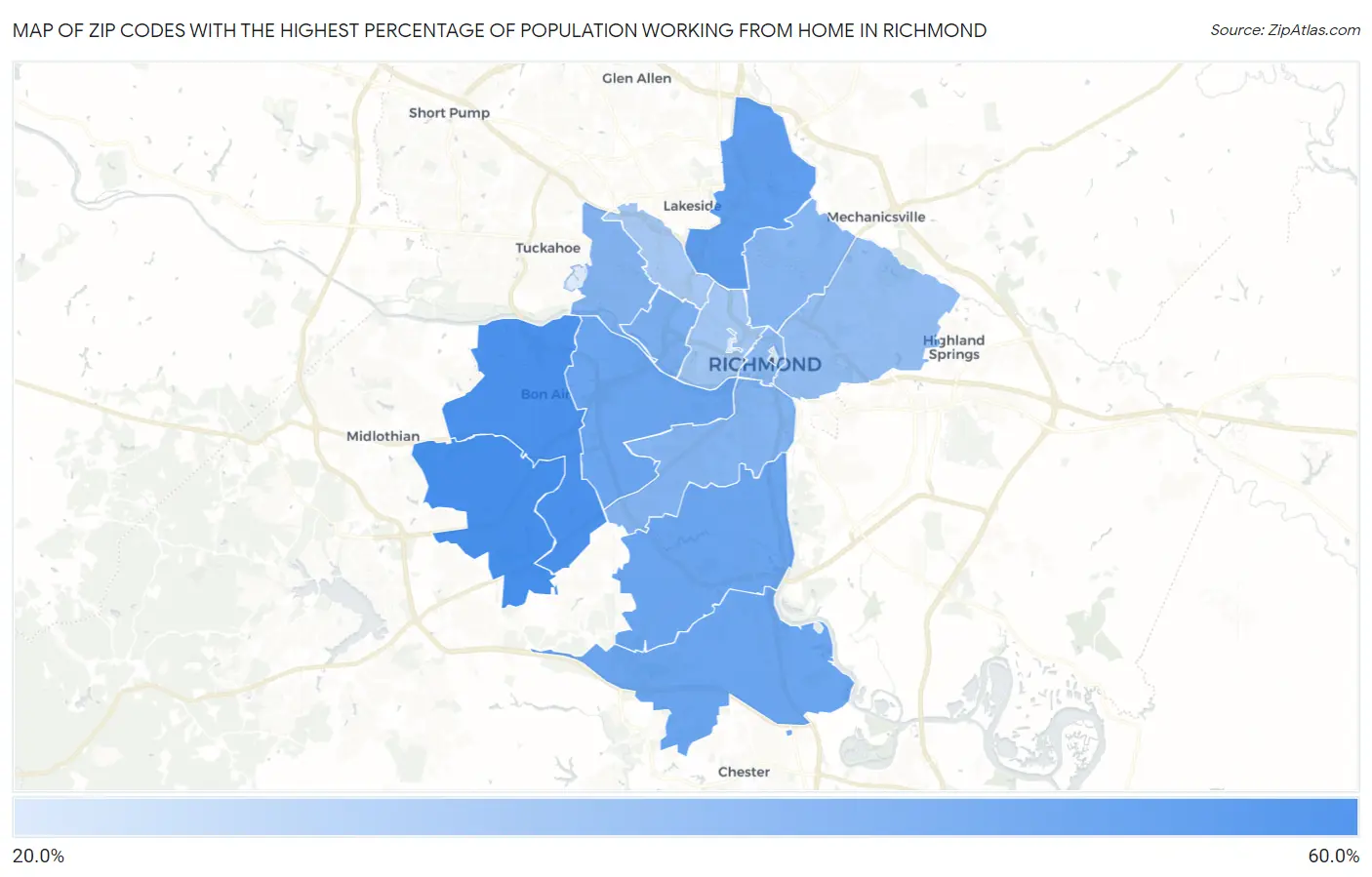 Zip Codes with the Highest Percentage of Population Working from Home in Richmond Map