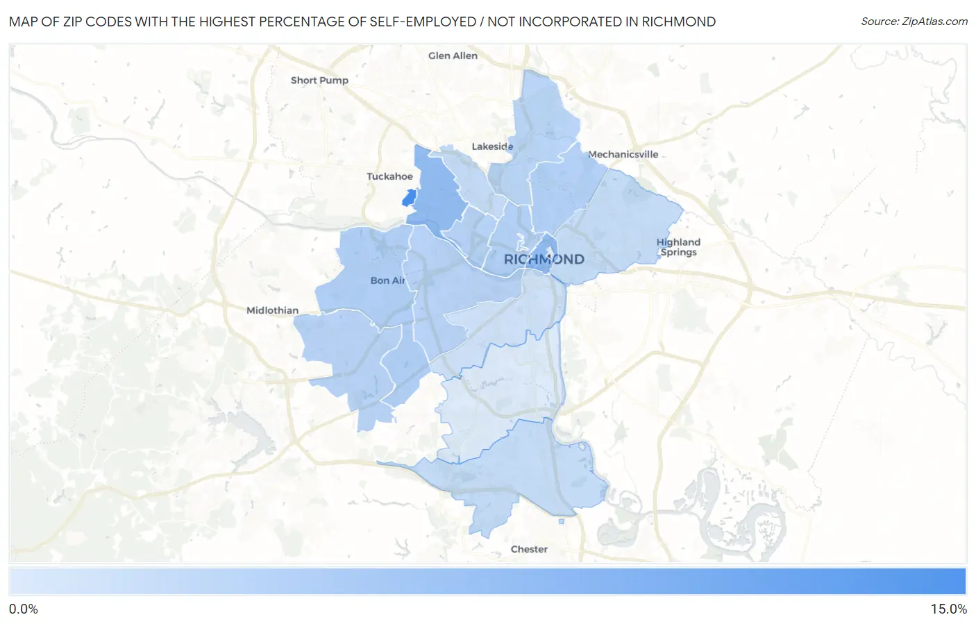 Zip Codes with the Highest Percentage of Self-Employed / Not Incorporated in Richmond Map