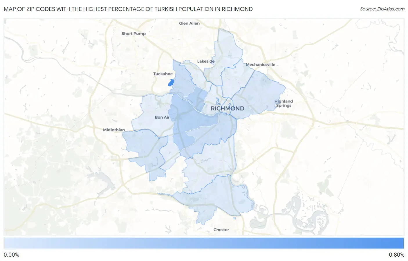 Zip Codes with the Highest Percentage of Turkish Population in Richmond Map