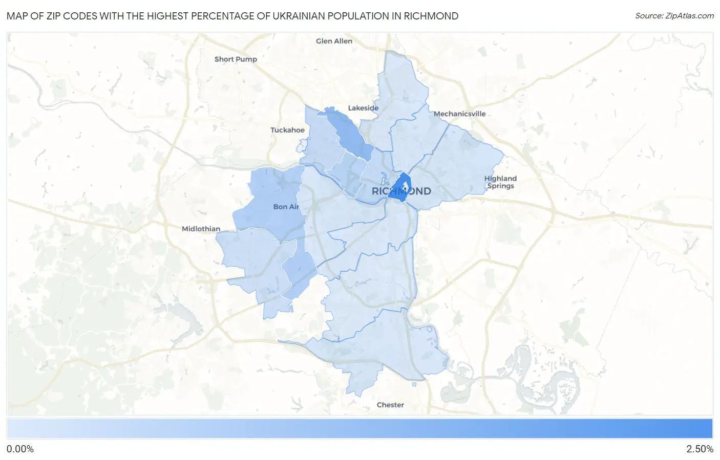 Zip Codes with the Highest Percentage of Ukrainian Population in Richmond Map