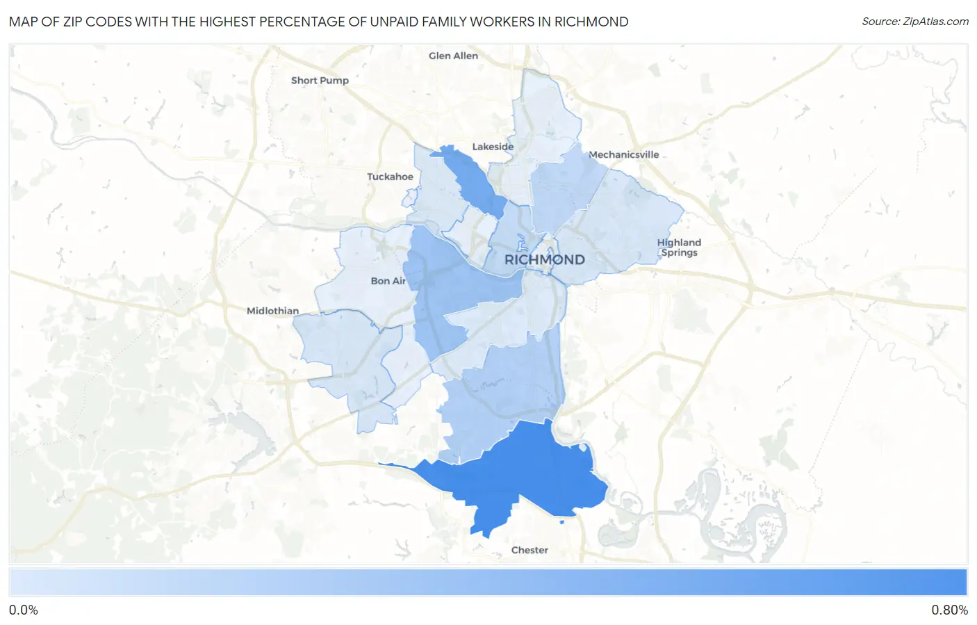 Zip Codes with the Highest Percentage of Unpaid Family Workers in Richmond Map