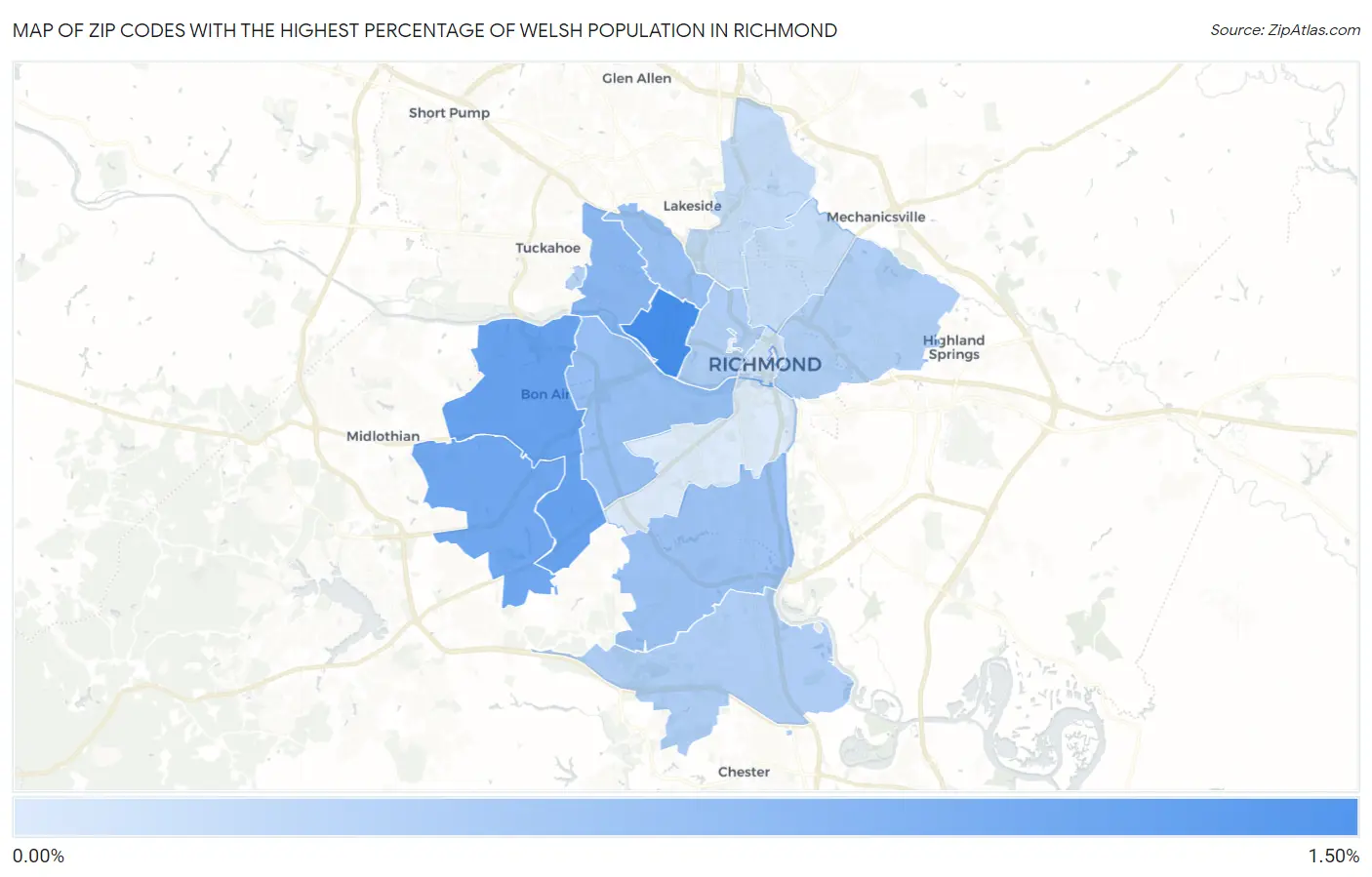 Zip Codes with the Highest Percentage of Welsh Population in Richmond Map