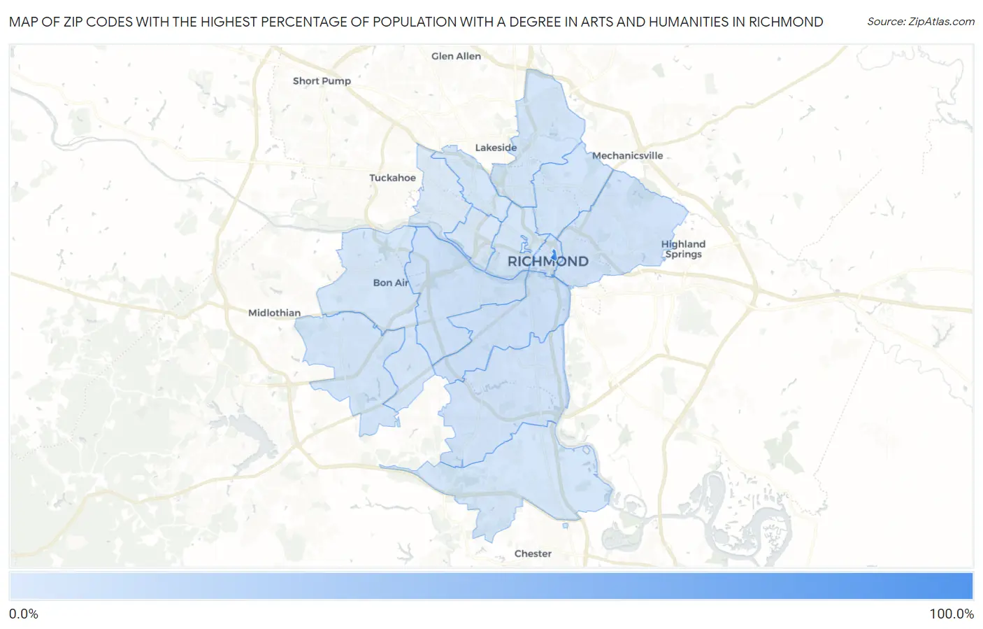 Zip Codes with the Highest Percentage of Population with a Degree in Arts and Humanities in Richmond Map