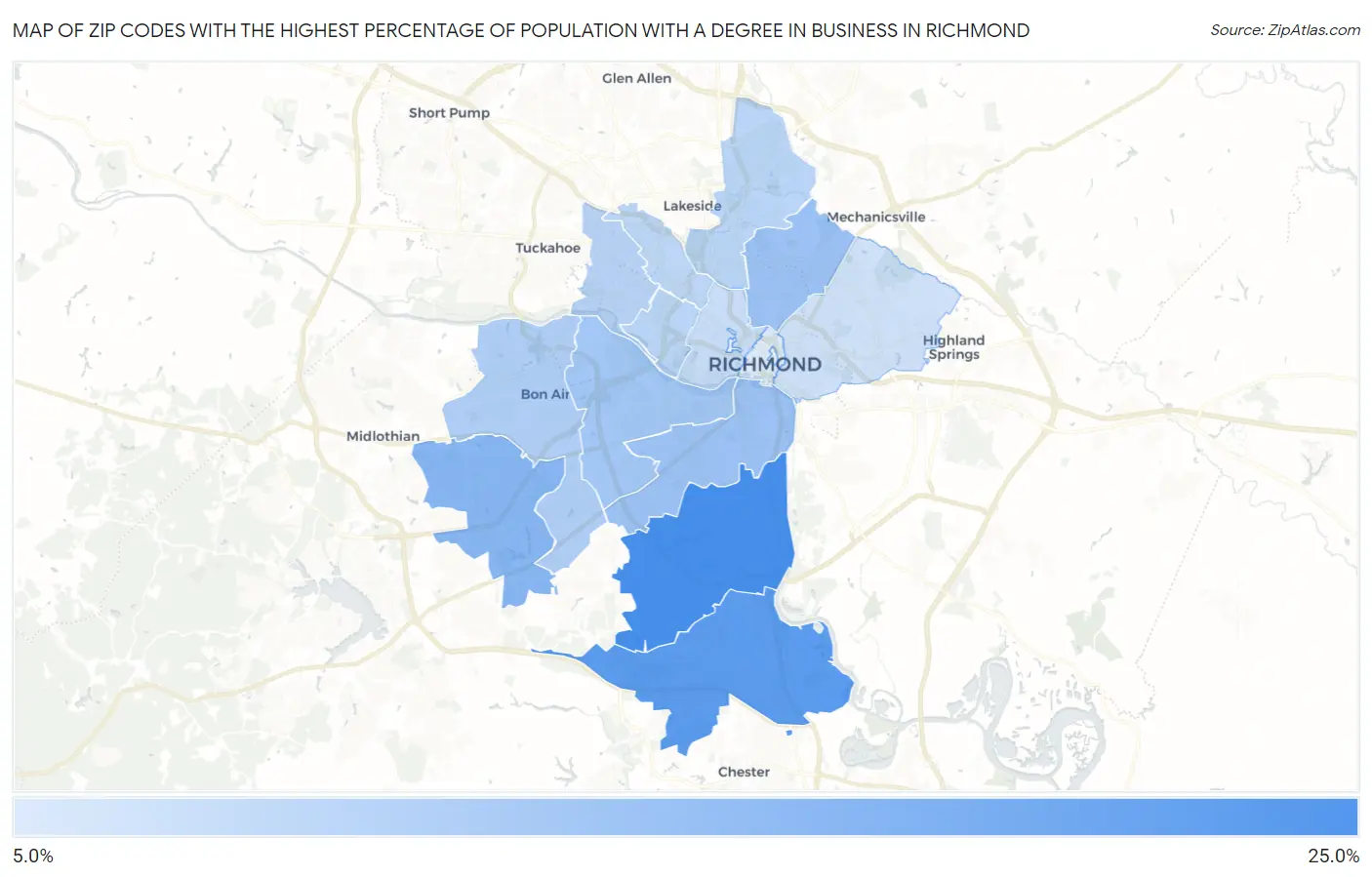 Zip Codes with the Highest Percentage of Population with a Degree in Business in Richmond Map