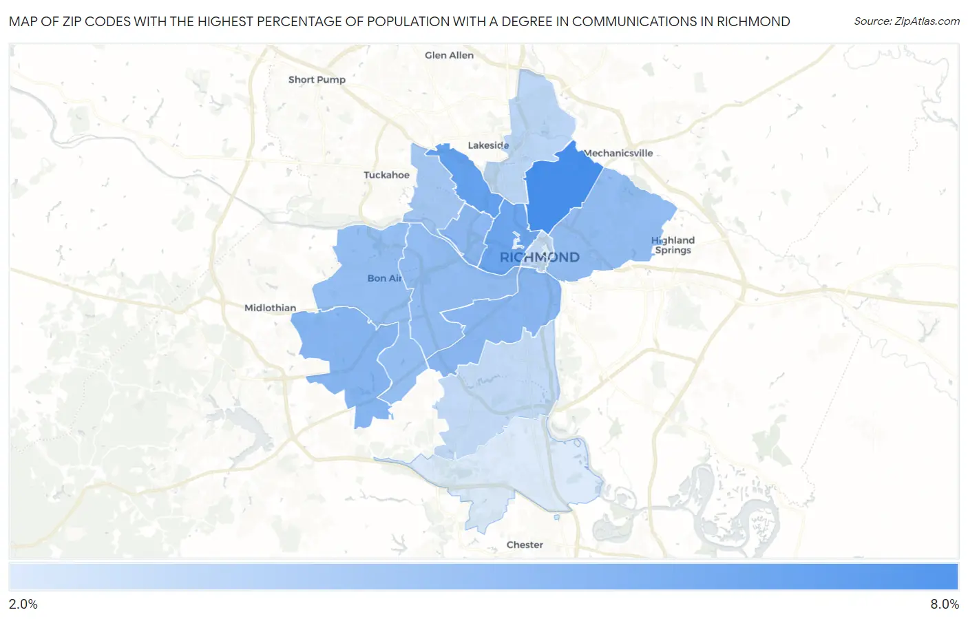 Zip Codes with the Highest Percentage of Population with a Degree in Communications in Richmond Map