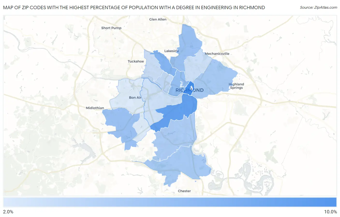 Zip Codes with the Highest Percentage of Population with a Degree in Engineering in Richmond Map