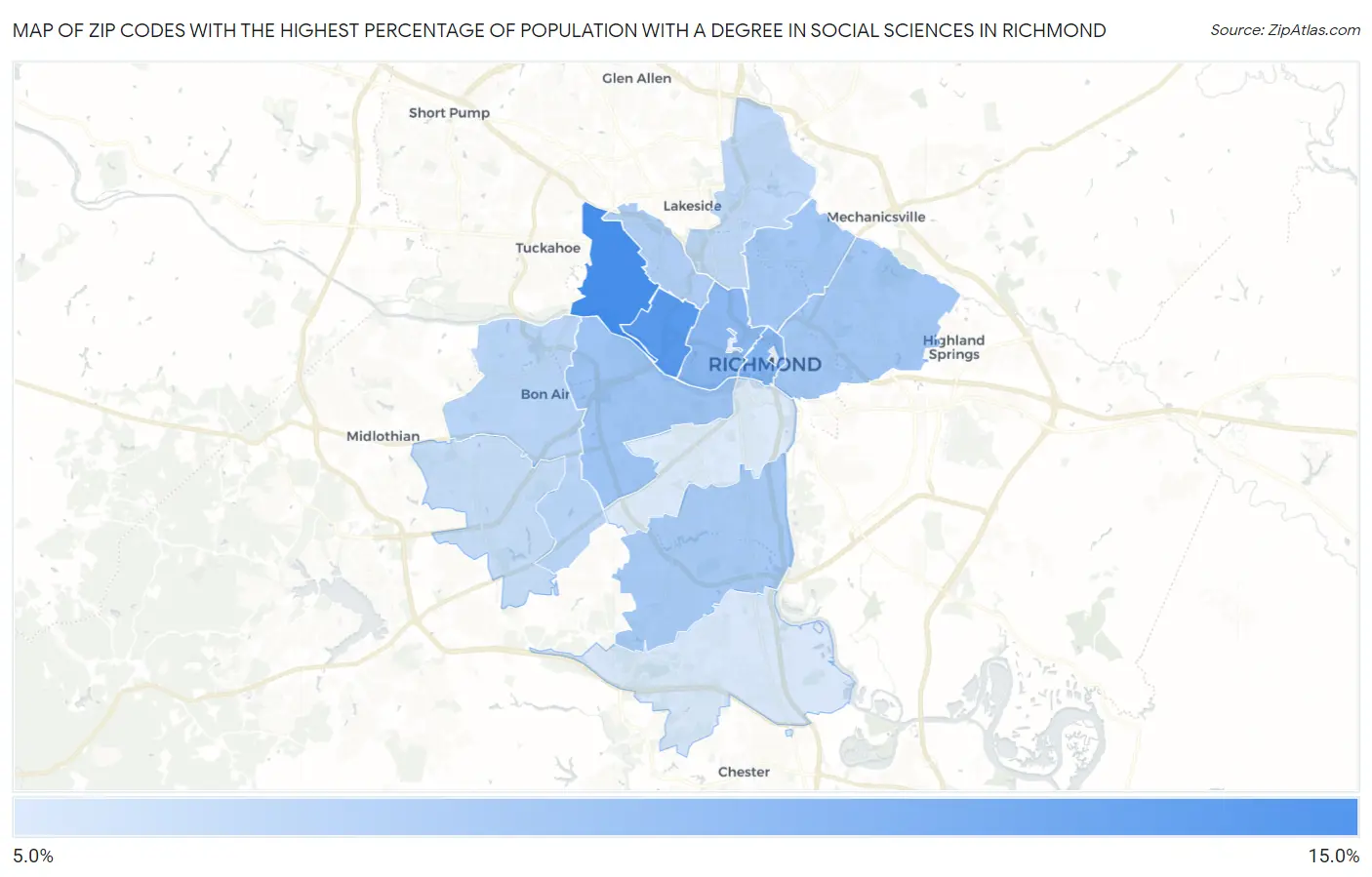 Zip Codes with the Highest Percentage of Population with a Degree in Social Sciences in Richmond Map