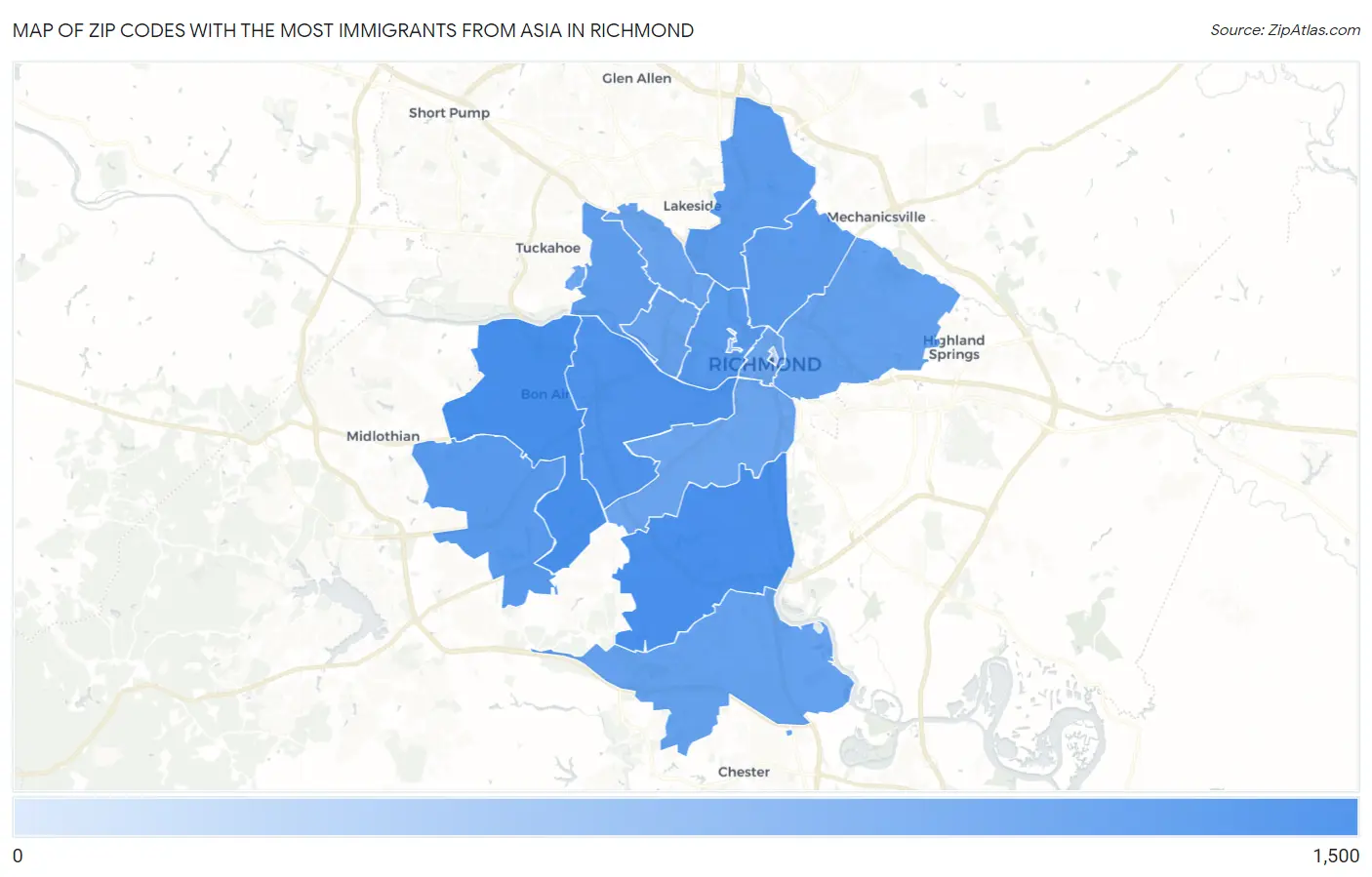 Zip Codes with the Most Immigrants from Asia in Richmond Map