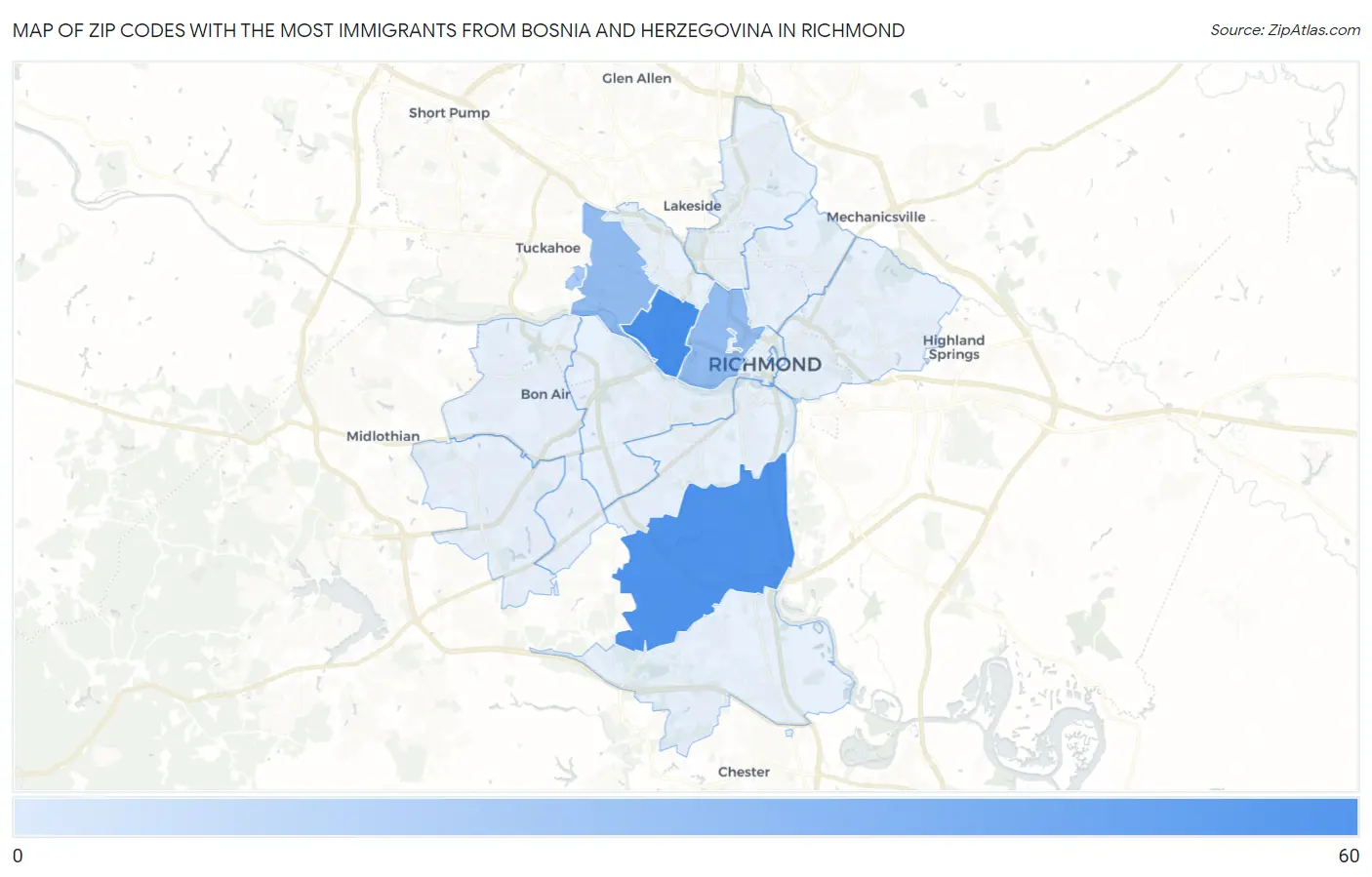 Zip Codes with the Most Immigrants from Bosnia and Herzegovina in Richmond Map
