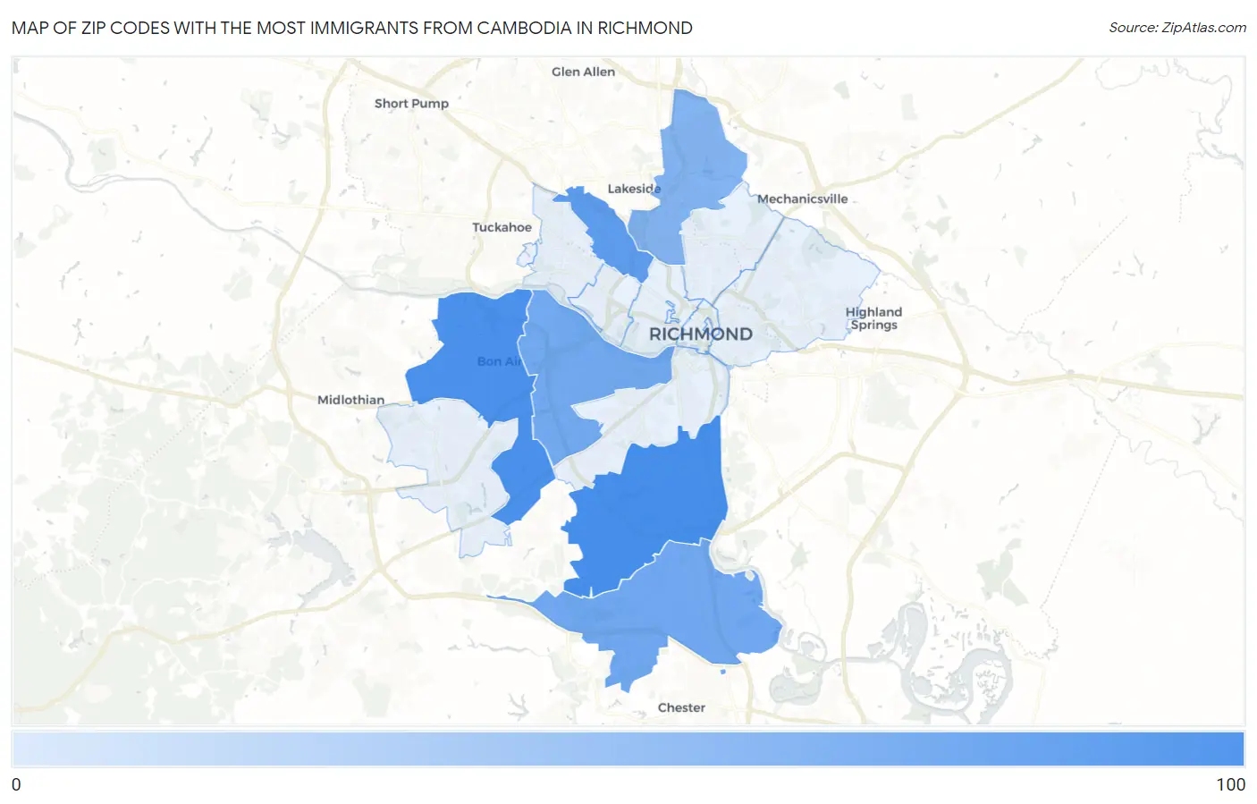 Zip Codes with the Most Immigrants from Cambodia in Richmond Map