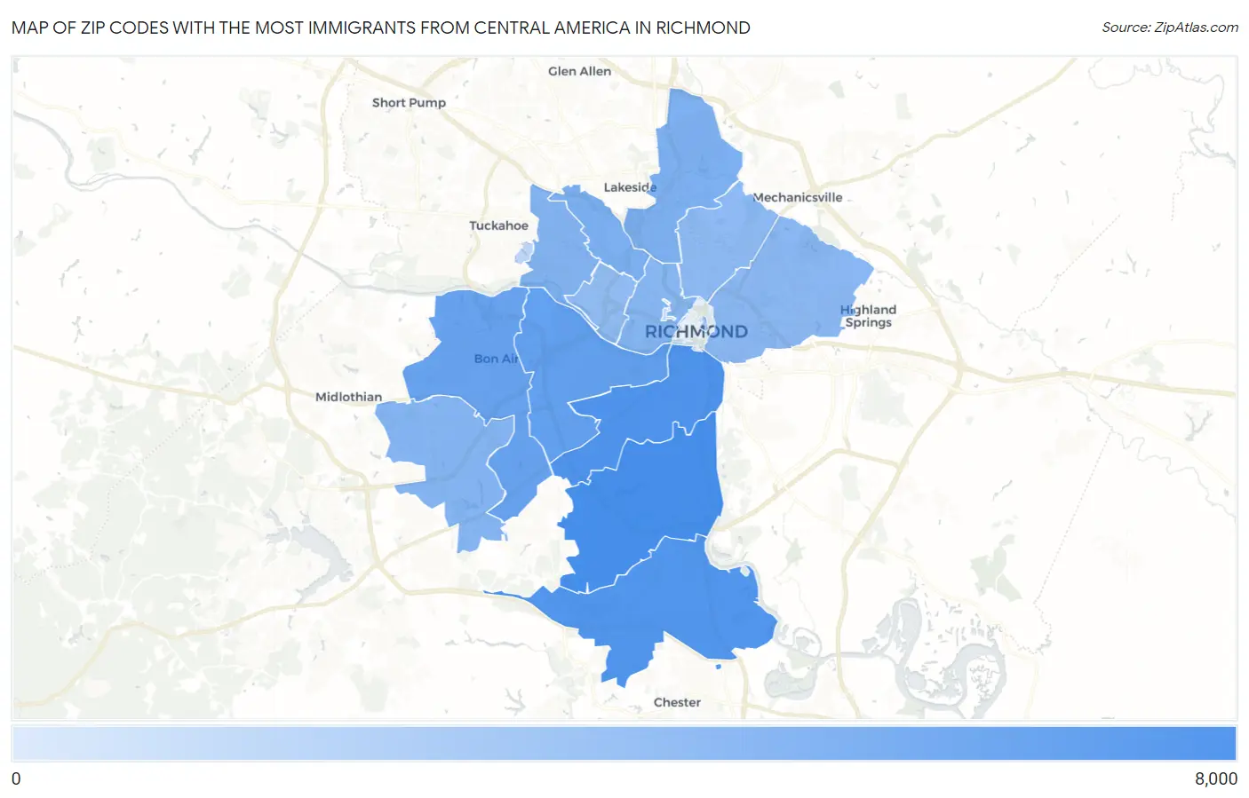 Zip Codes with the Most Immigrants from Central America in Richmond Map