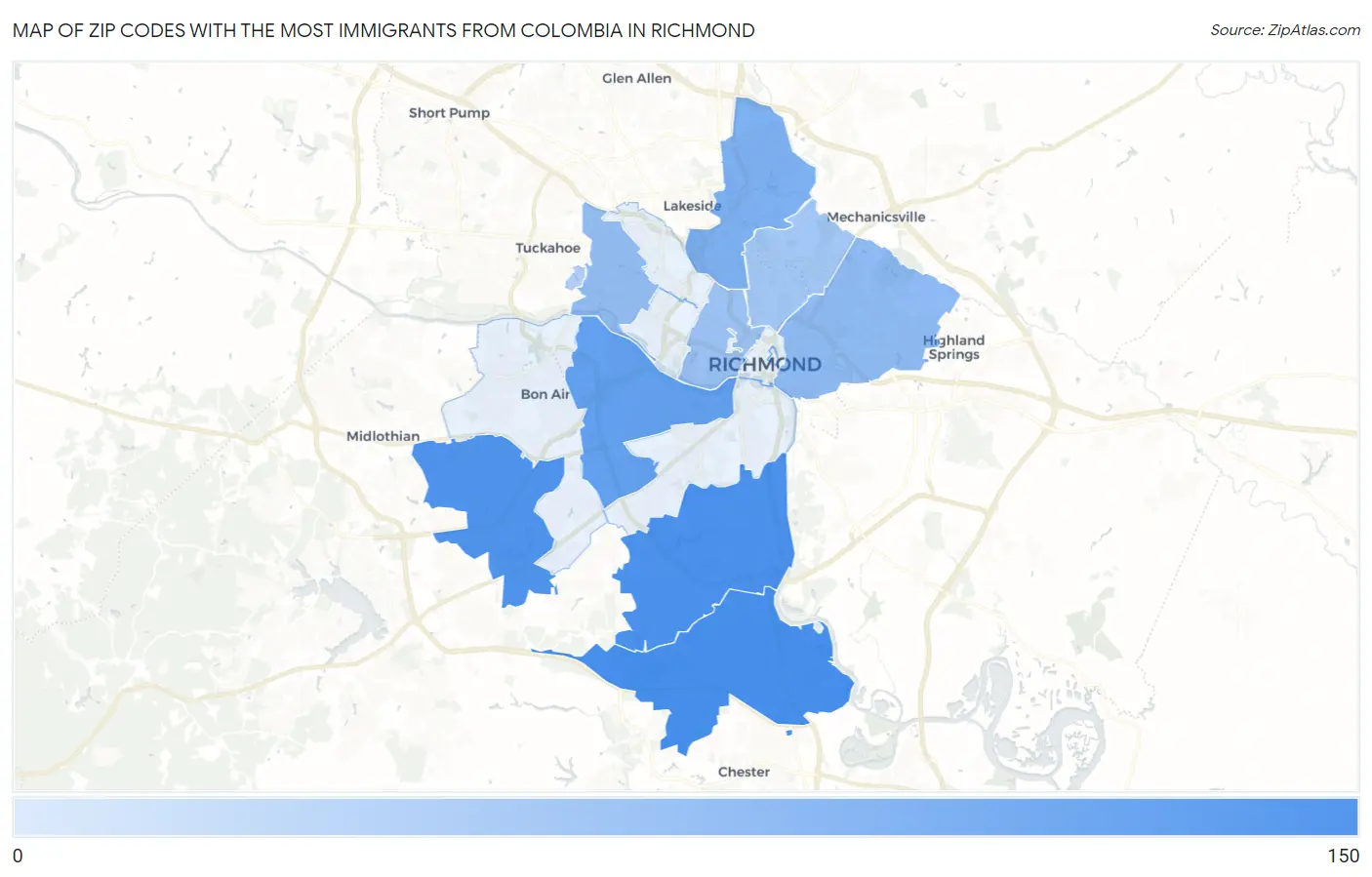 Zip Codes with the Most Immigrants from Colombia in Richmond Map
