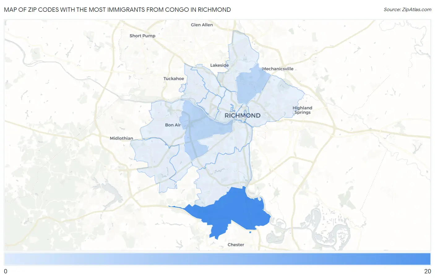 Zip Codes with the Most Immigrants from Congo in Richmond Map