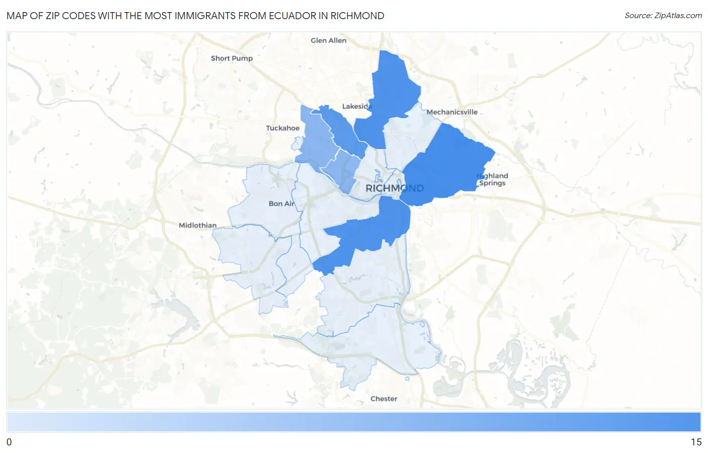 Zip Codes with the Most Immigrants from Ecuador in Richmond Map