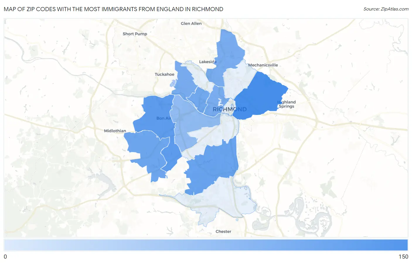 Zip Codes with the Most Immigrants from England in Richmond Map