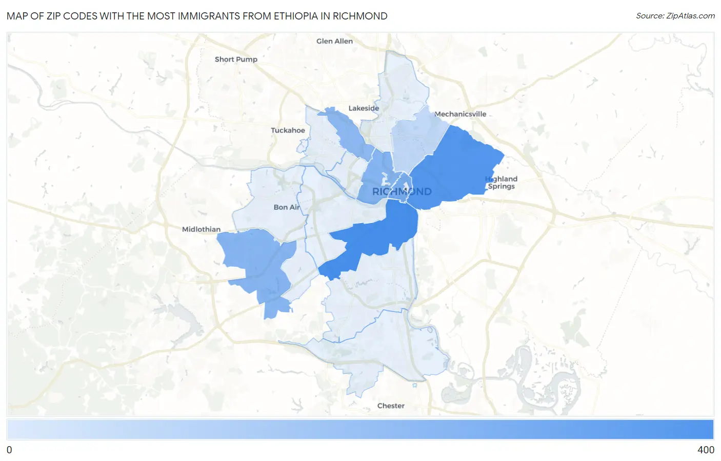 Zip Codes with the Most Immigrants from Ethiopia in Richmond Map